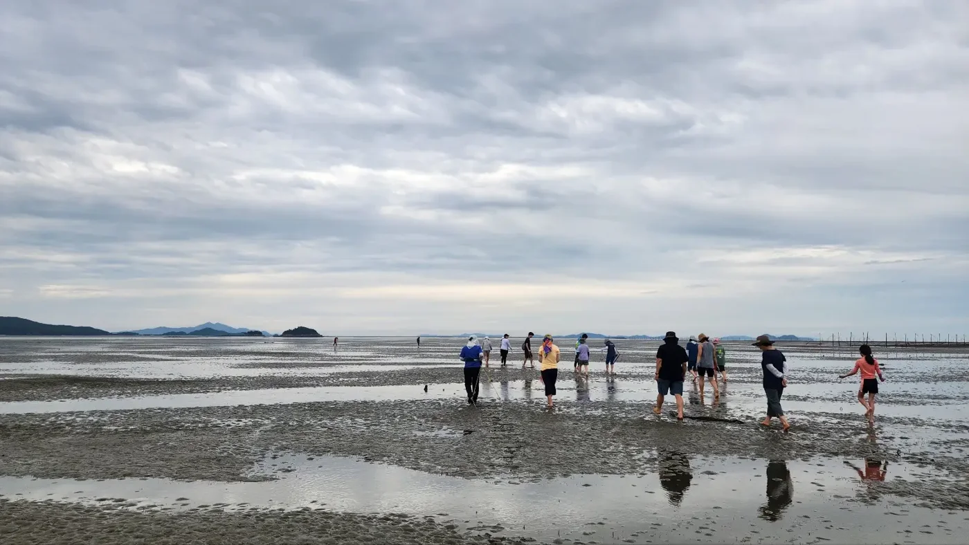 A group walking across wide tidal flats beneath a textured cloudy sky
